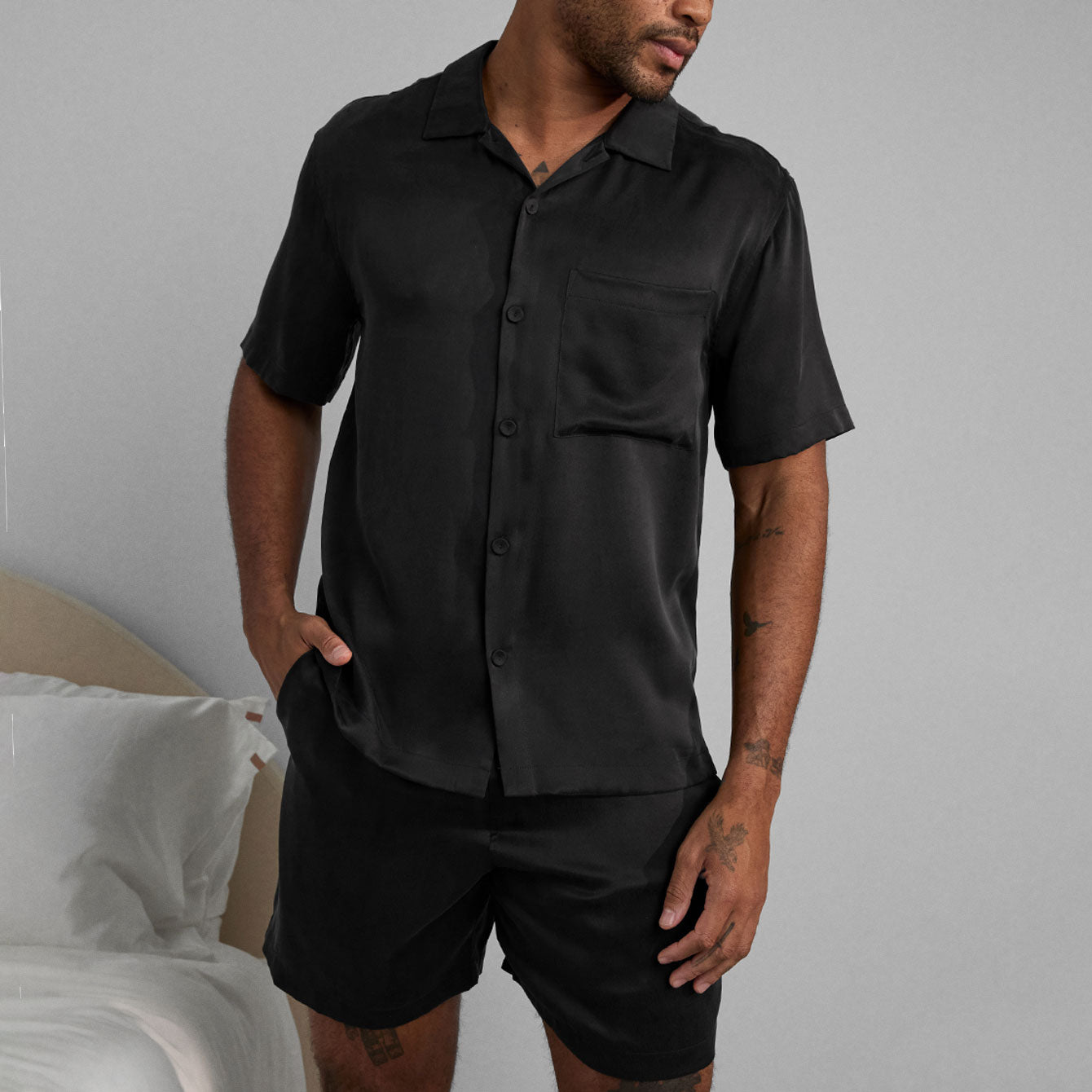 Lunya Men's Washable Silk Button Up Short Set - #Immersed Black
